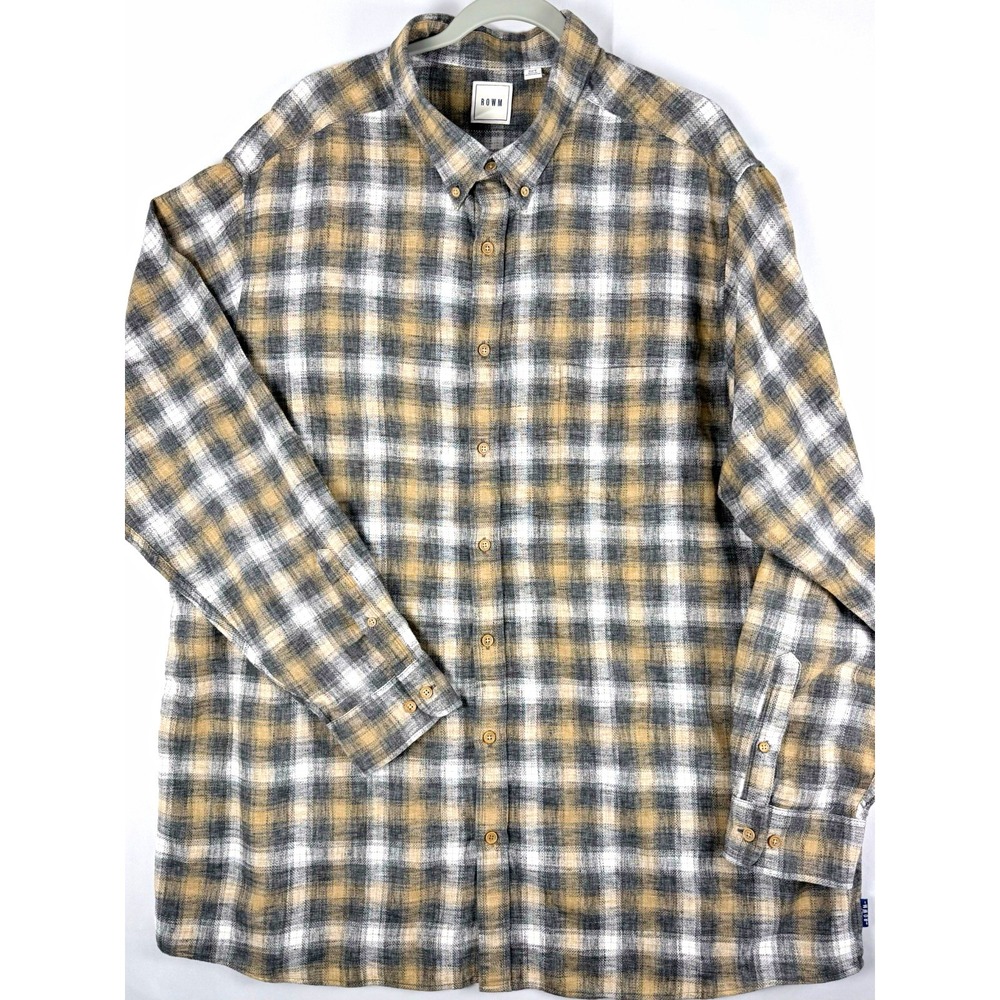 ROWM Shirt Mens 3XLT Big & Tall Gray Tan White Plaid Button Down Long Sleeve